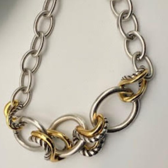 Brighton  Silver & Gold Link Statement Necklace | Two Tone Circle  Rope Chain - Picture 6 of 7